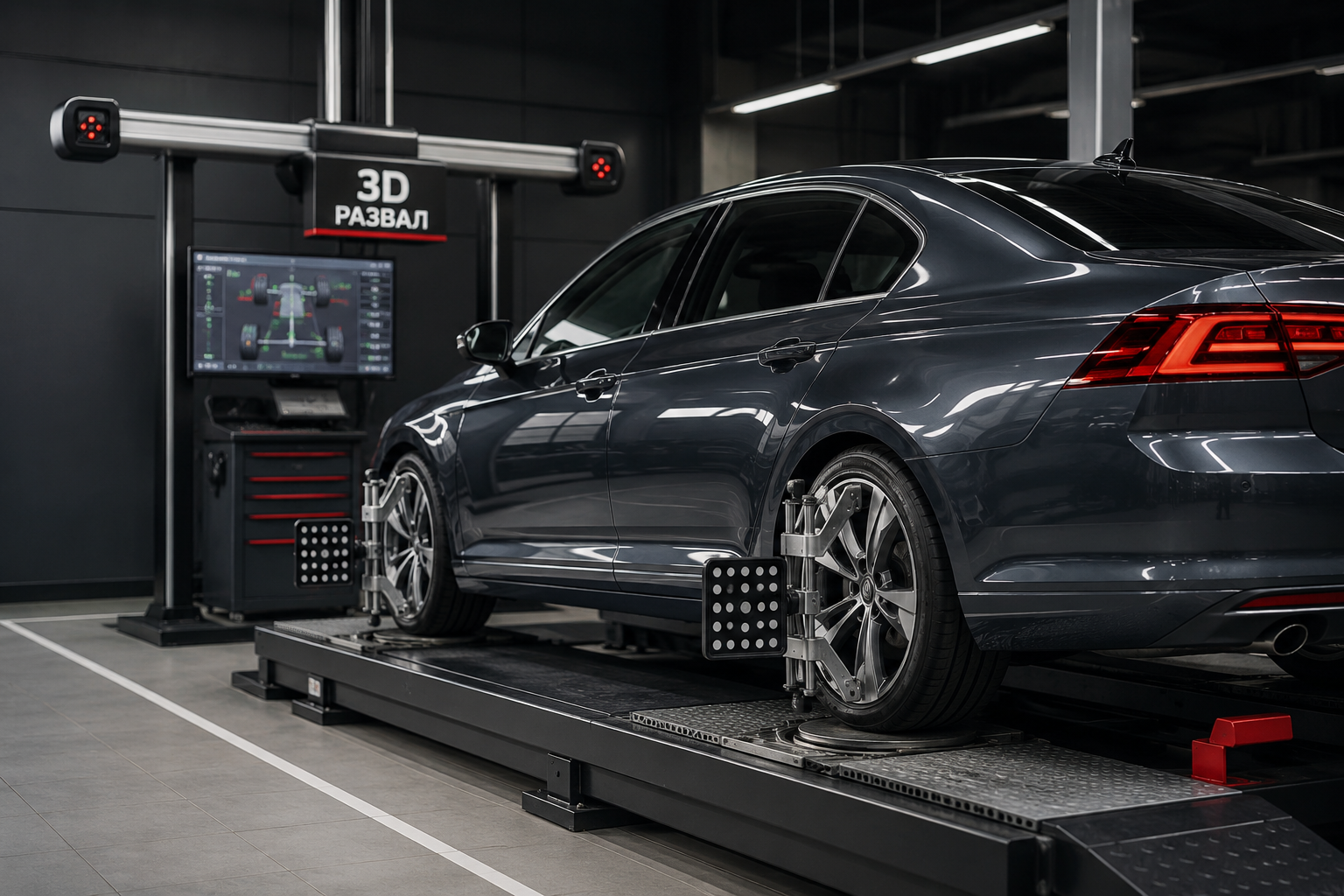 Автомобиль на 3D-стенде развал-схождения в АвтоФест